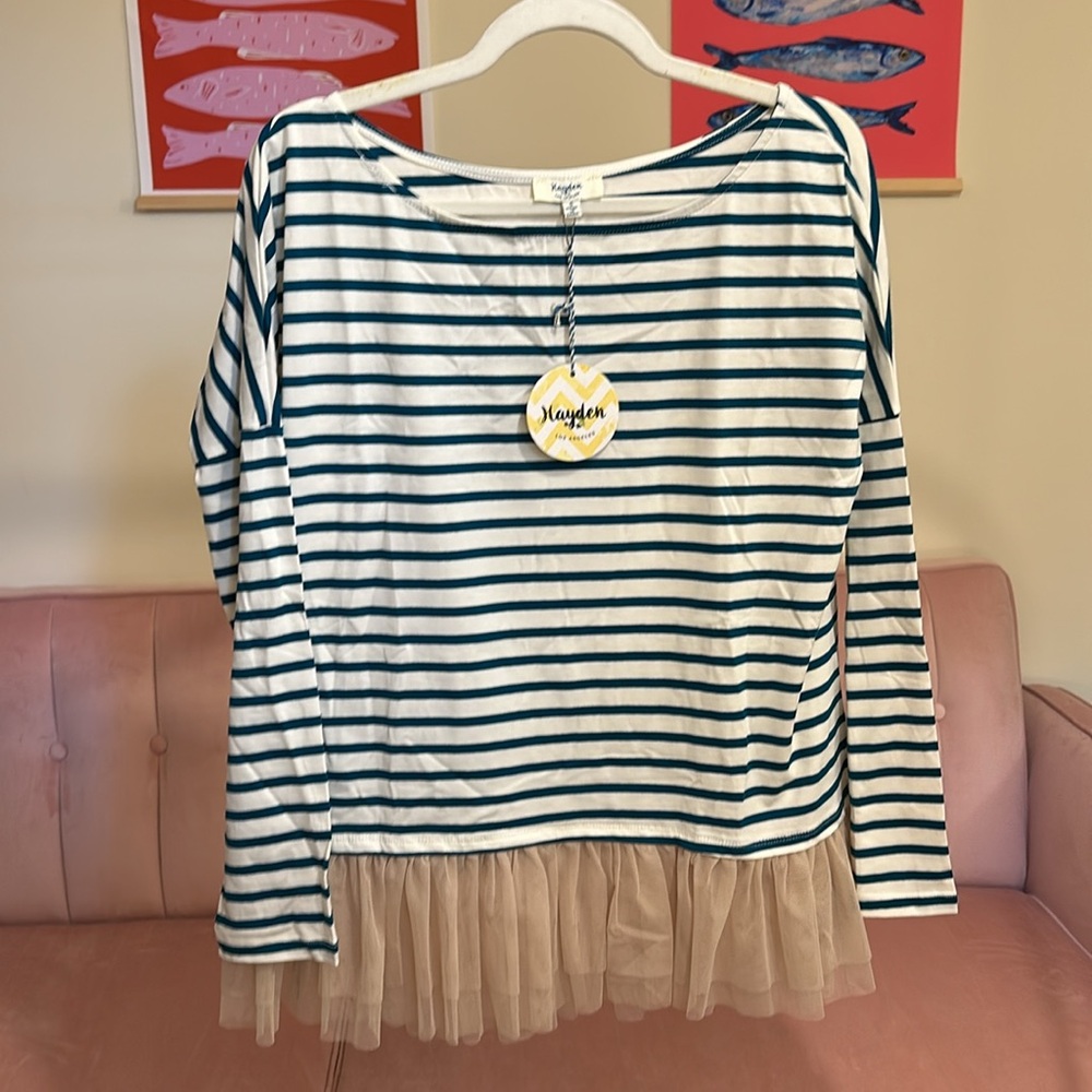 Hayden Navy and White Striped Blouse with Tulle Hem